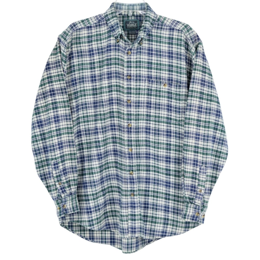 VTG Woolrich Tartan Plaid Flannel Shirt Mens Large Button Down Cotton Navy Green